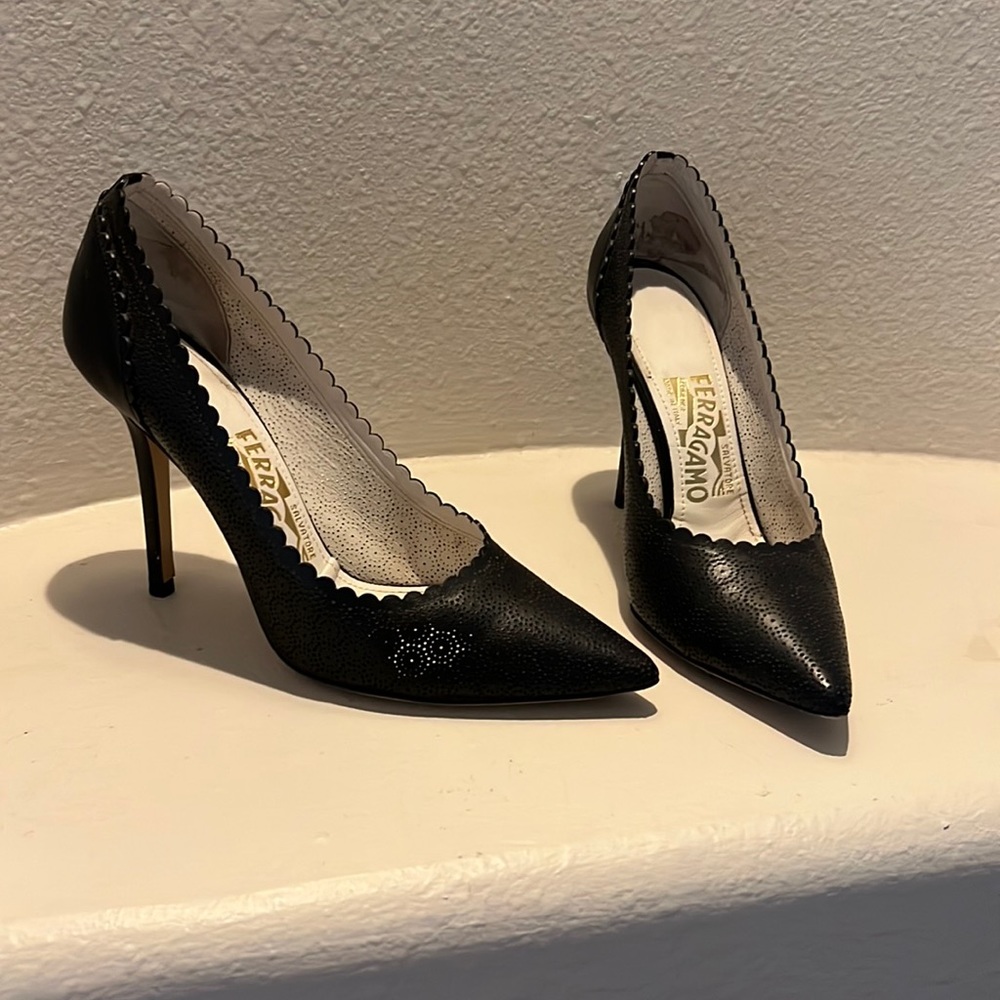 Salvatore Ferragamo black laser cut pumps